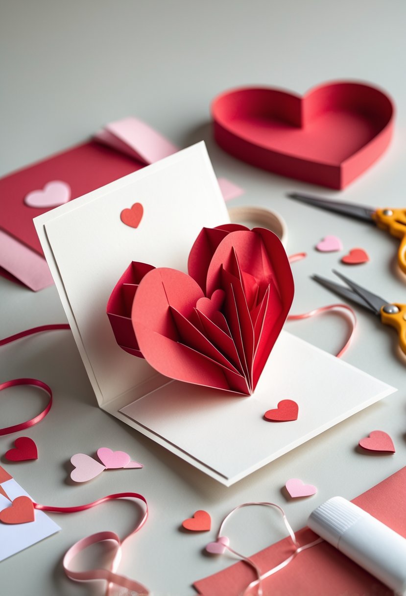 An open heart-shaped pop-up card surrounded by Valentine’s Day paper craft supplies on a neutral background.
