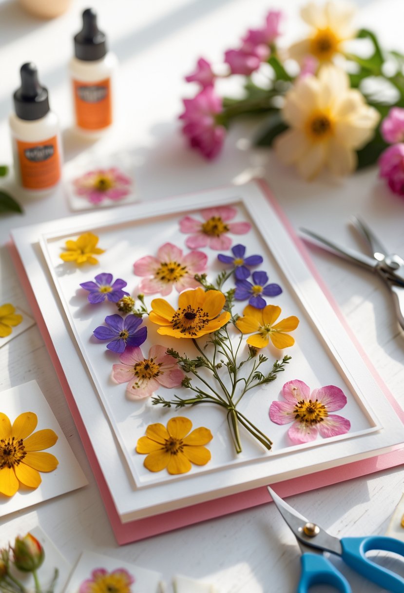 A handmade Valentine card decorated with pressed flowers on a wooden surface surrounded by craft glue, scissors, and additional flowers.