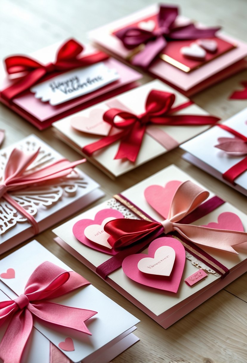 A collection of handmade Valentine cards decorated with ribbons arranged on a wooden surface.