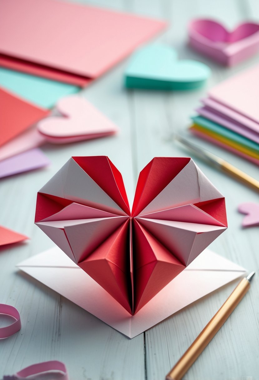 A handmade origami heart folded card on a wooden surface surrounded by paper crafting supplies.