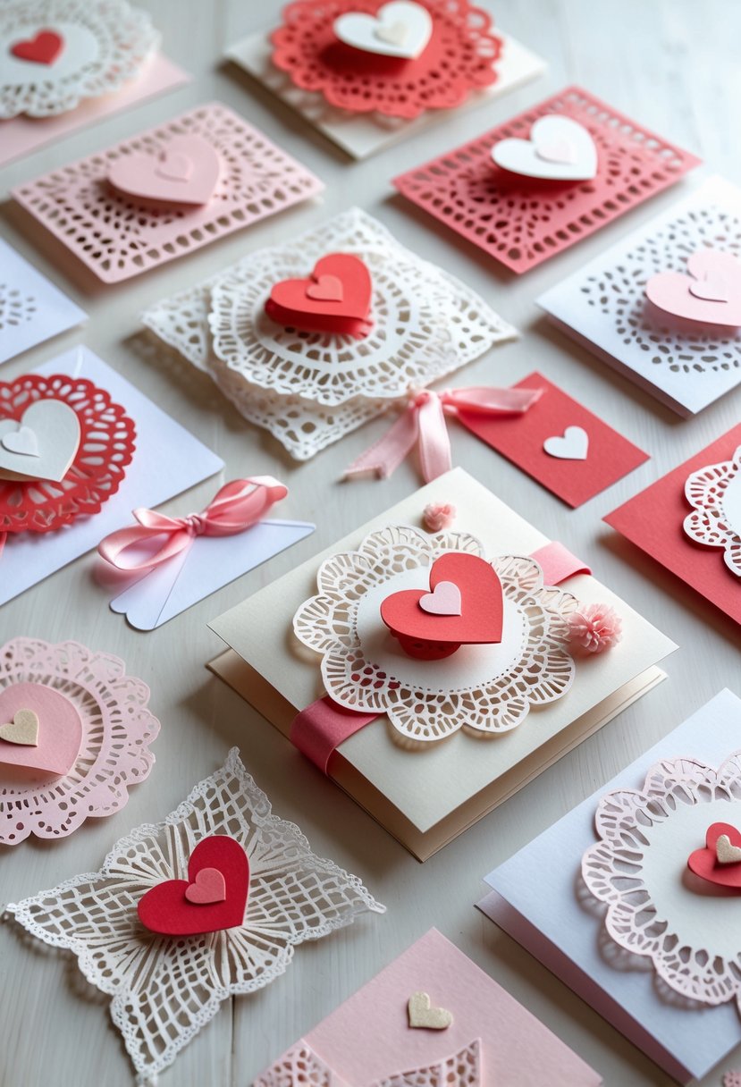 A collection of handmade Valentine cards made with paper doily lace arranged on a wooden surface.