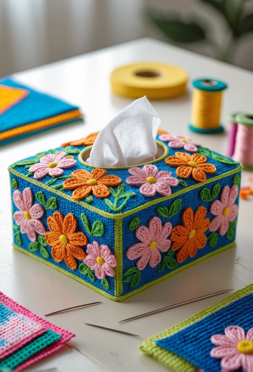 A tissue box cover with a floral design sitting on a wooden table surrounded by crafting materials.