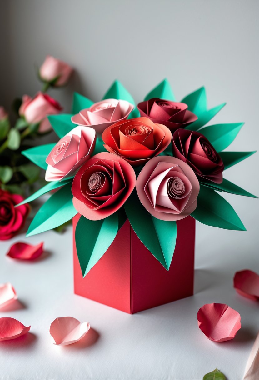 A 3D paper rose bouquet card with red and pink paper roses and green leaves displayed on a neutral background.