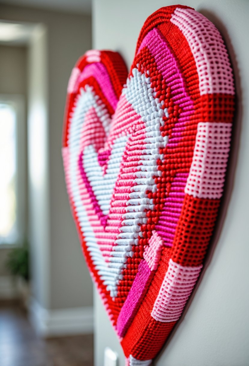 A 3D heart-shaped wall hanging made of colorful plastic canvas displayed on a neutral wall.