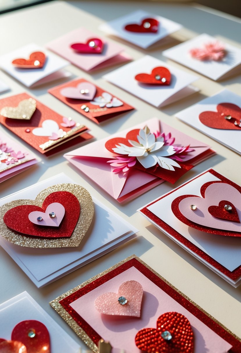 A collection of 15 handmade Valentine cards decorated with glitter and adhesive jewels arranged on a light surface.