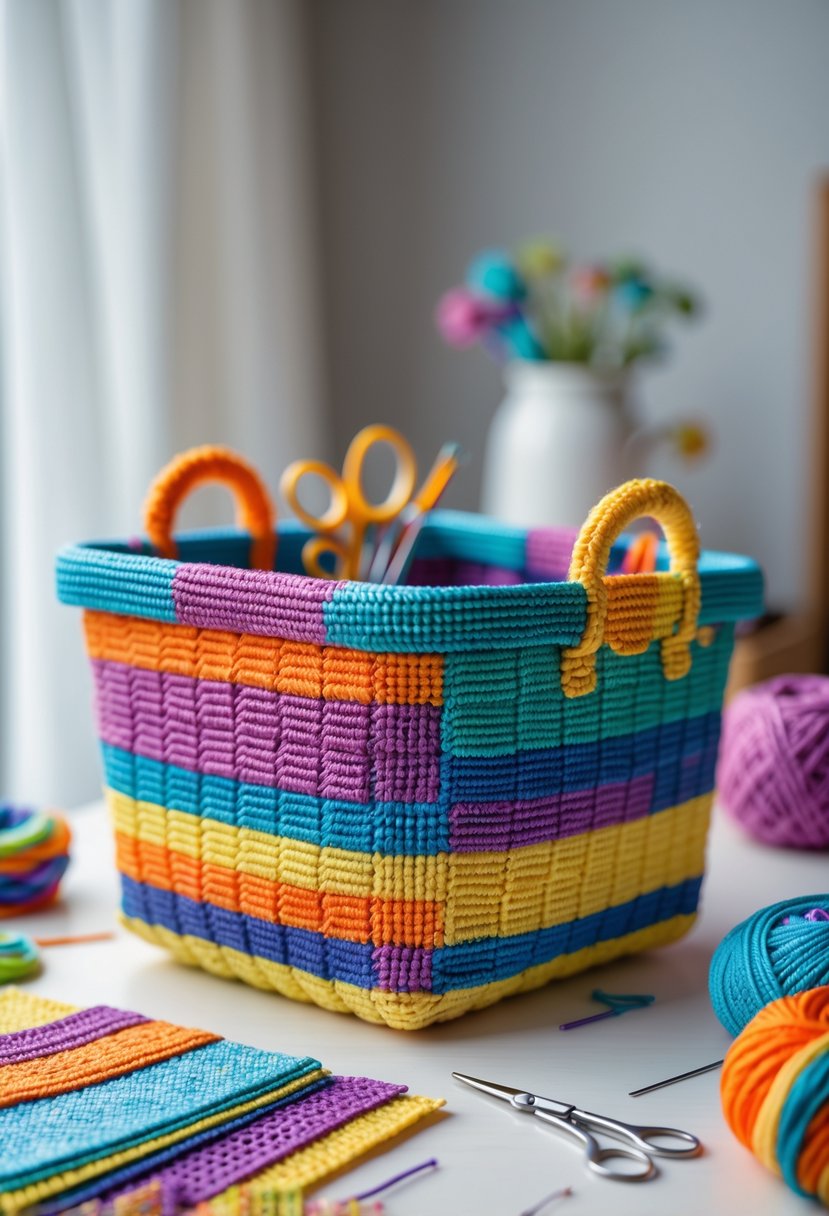 A colorful decorative storage basket made from plastic canvas sits on a wooden surface surrounded by crafting materials like yarn, needles, and scissors.