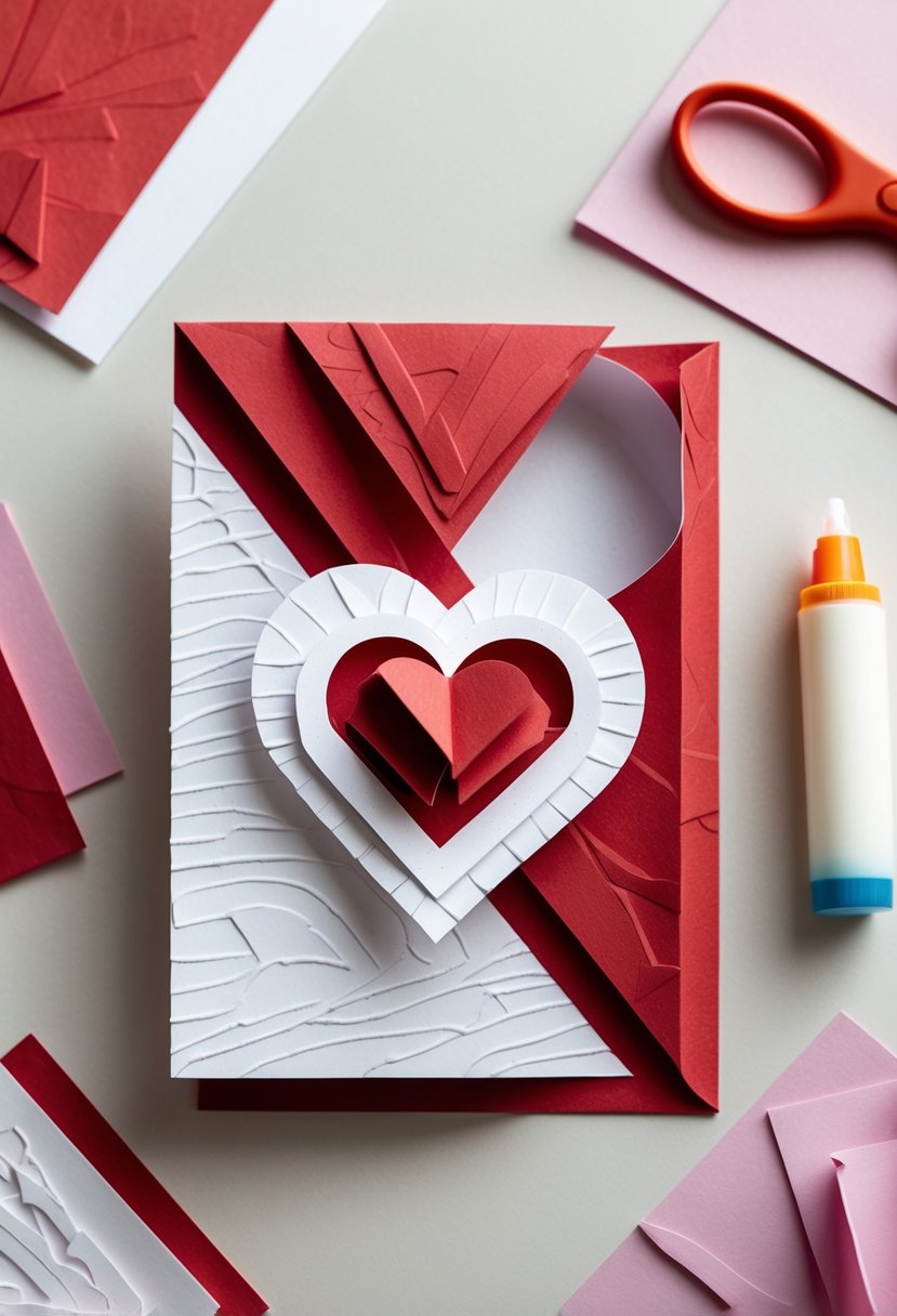 A handmade valentine card with a pull-tab revealing a hidden heart, placed on a clean surface with crafting materials around it.
