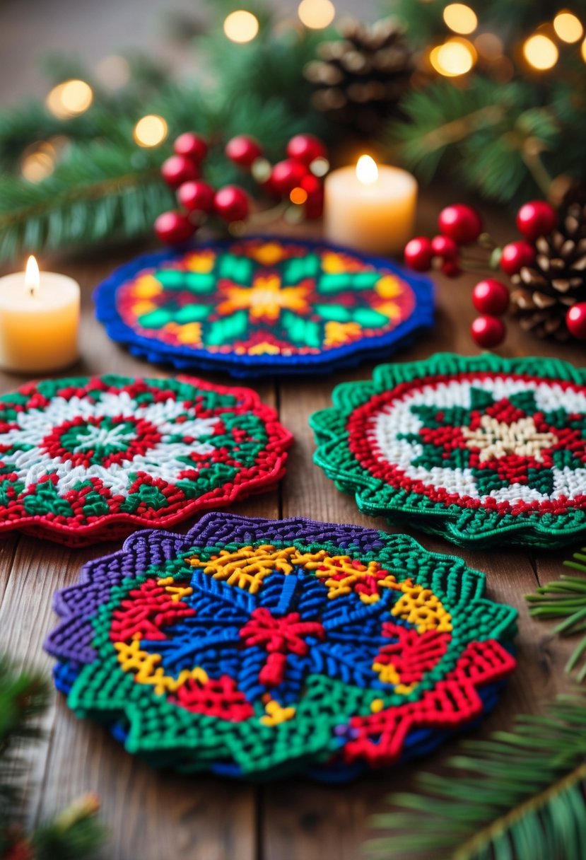 A collection of colorful holiday-themed plastic canvas coasters arranged on a wooden table with festive decorations.
