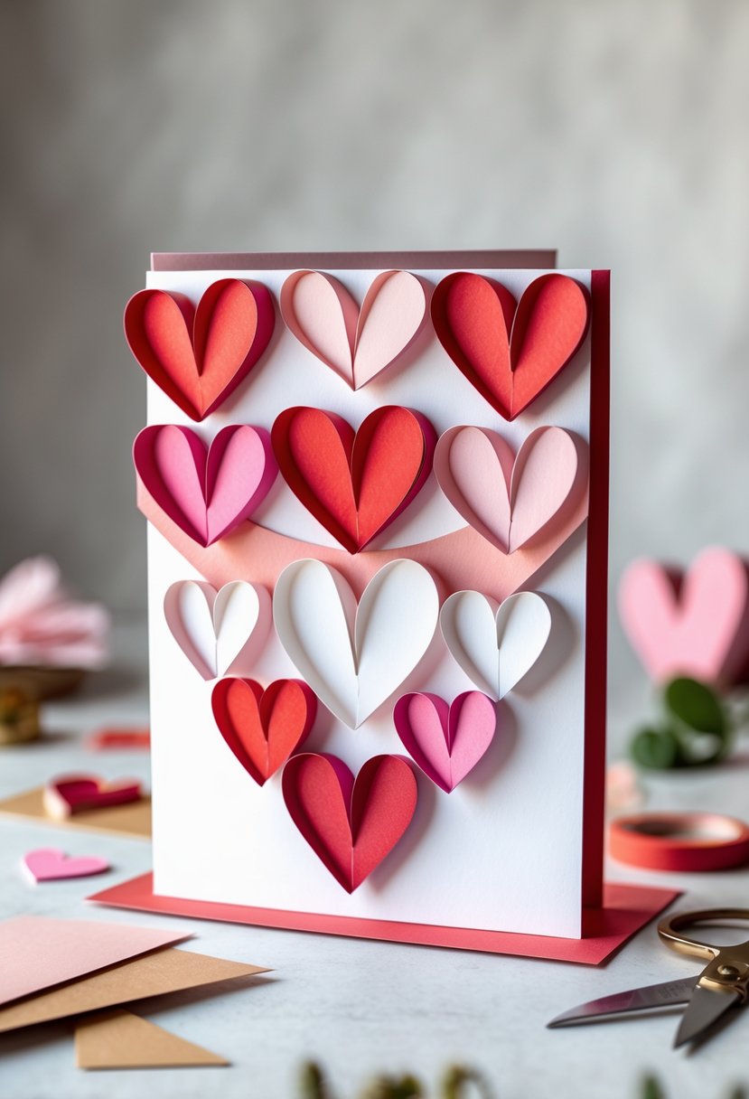 A handmade valentine card with layered paper hearts arranged in a garland design on a neutral background.