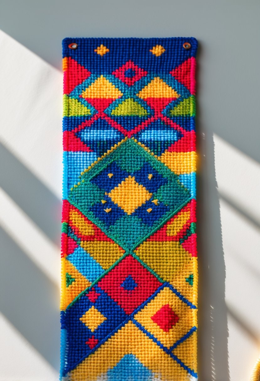 A colorful handmade bookmark with a geometric pattern made from plastic canvas placed on a plain background.