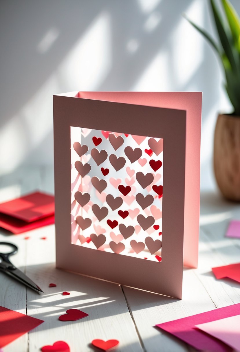A handmade valentine card with mini heart cut-outs is displayed on a wooden surface surrounded by paper crafting materials.