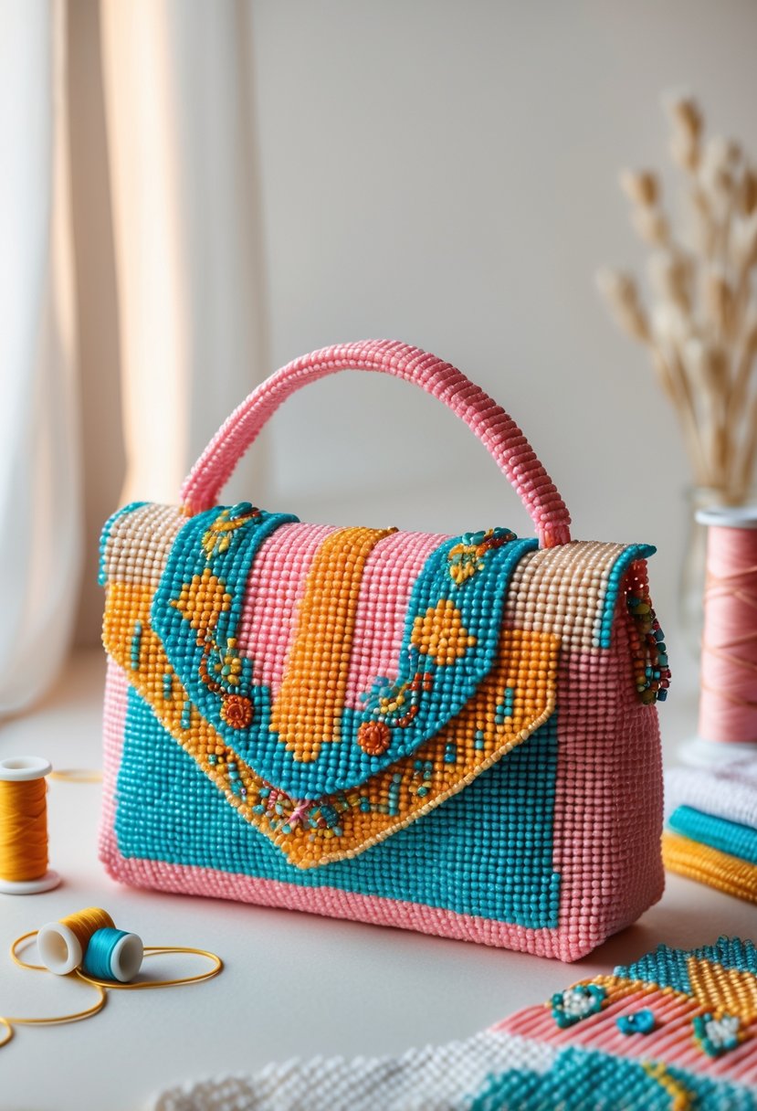 A customizable purse decorated with colorful beads, placed on a neutral surface with craft supplies around it.