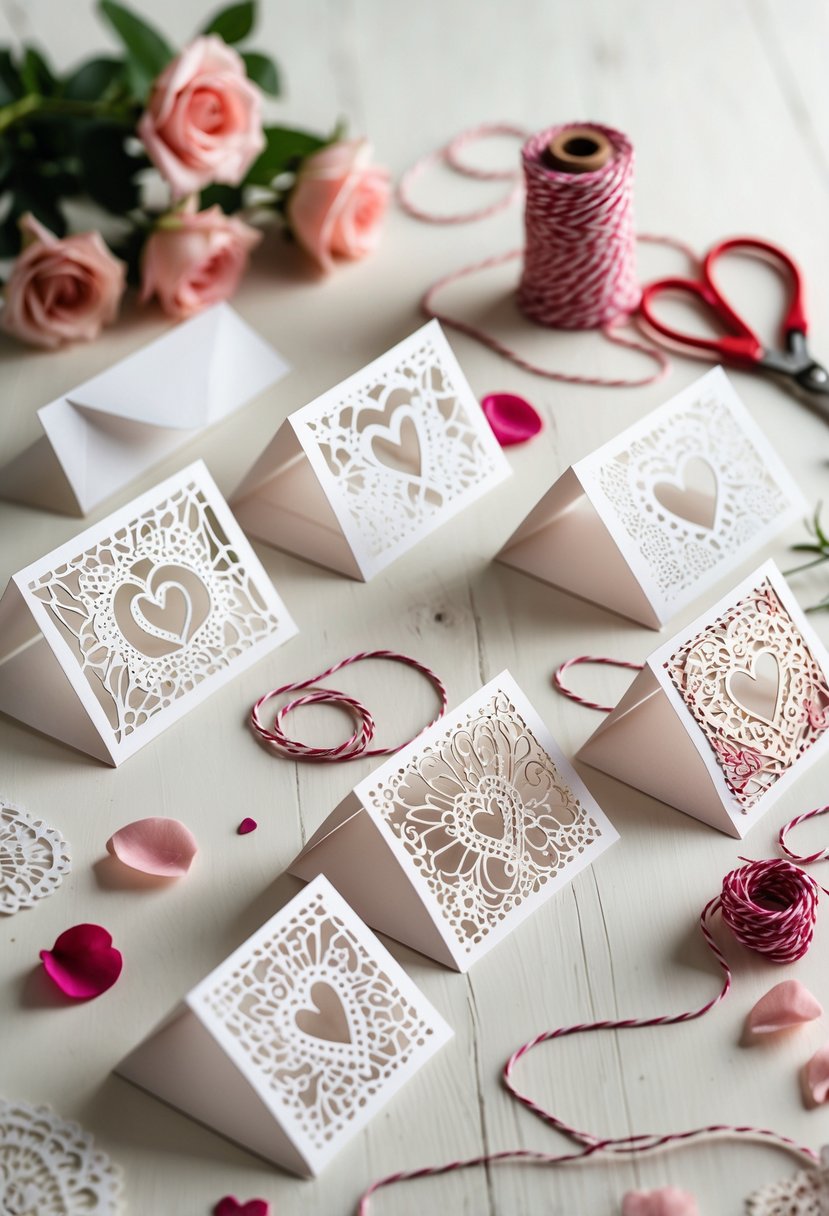 A collection of handmade Valentine cards made from hand-cut lace paper arranged on a wooden surface with rose petals and crafting tools nearby.