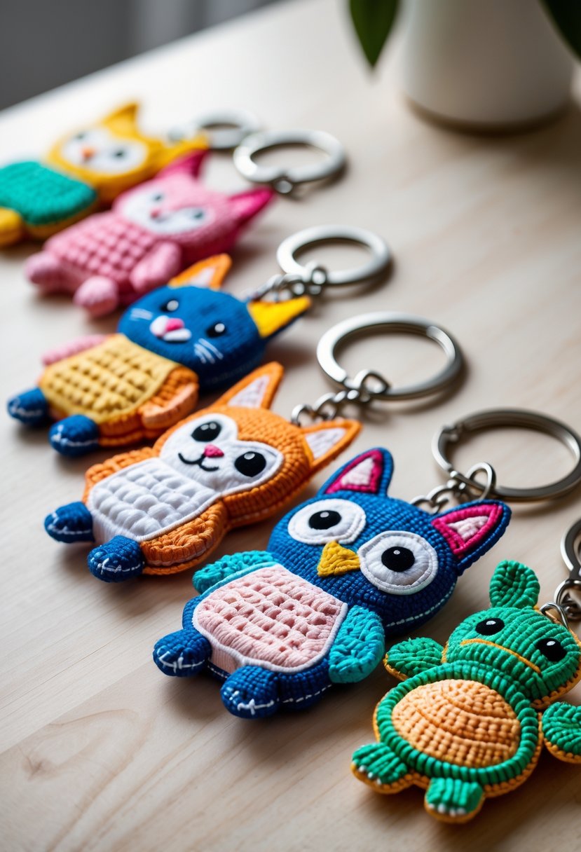 A collection of colorful animal-shaped keychains made from plastic canvas displayed on a wooden surface.
