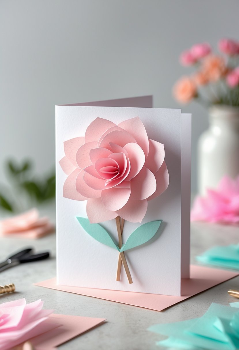 A handmade Valentine card with a tissue paper flower on a clean surface surrounded by crafting materials.