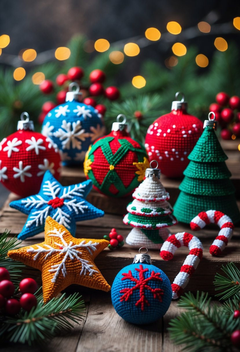 A collection of colorful handmade Christmas ornaments made from plastic canvas arranged on a wooden surface with pine branches and holiday lights.