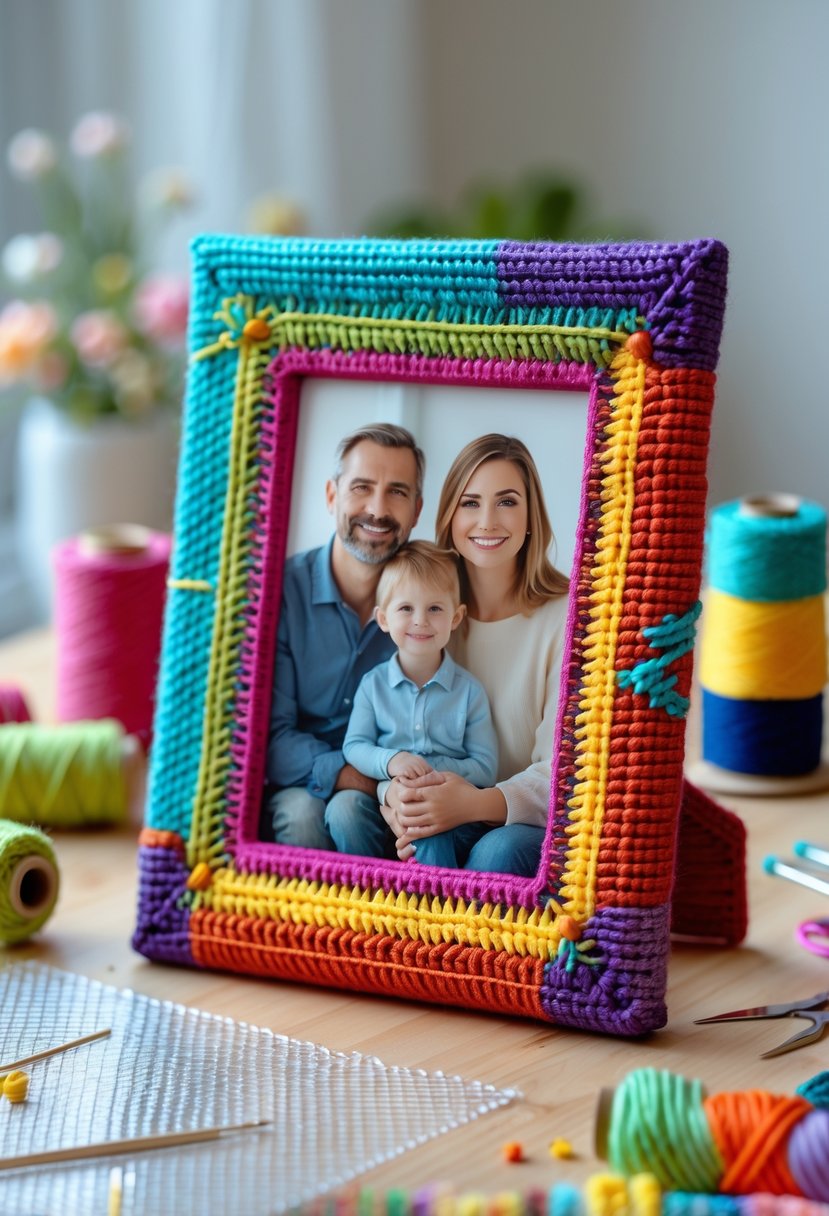 A colorful handmade photo frame made from plastic canvas on a wooden table with crafting supplies around it.