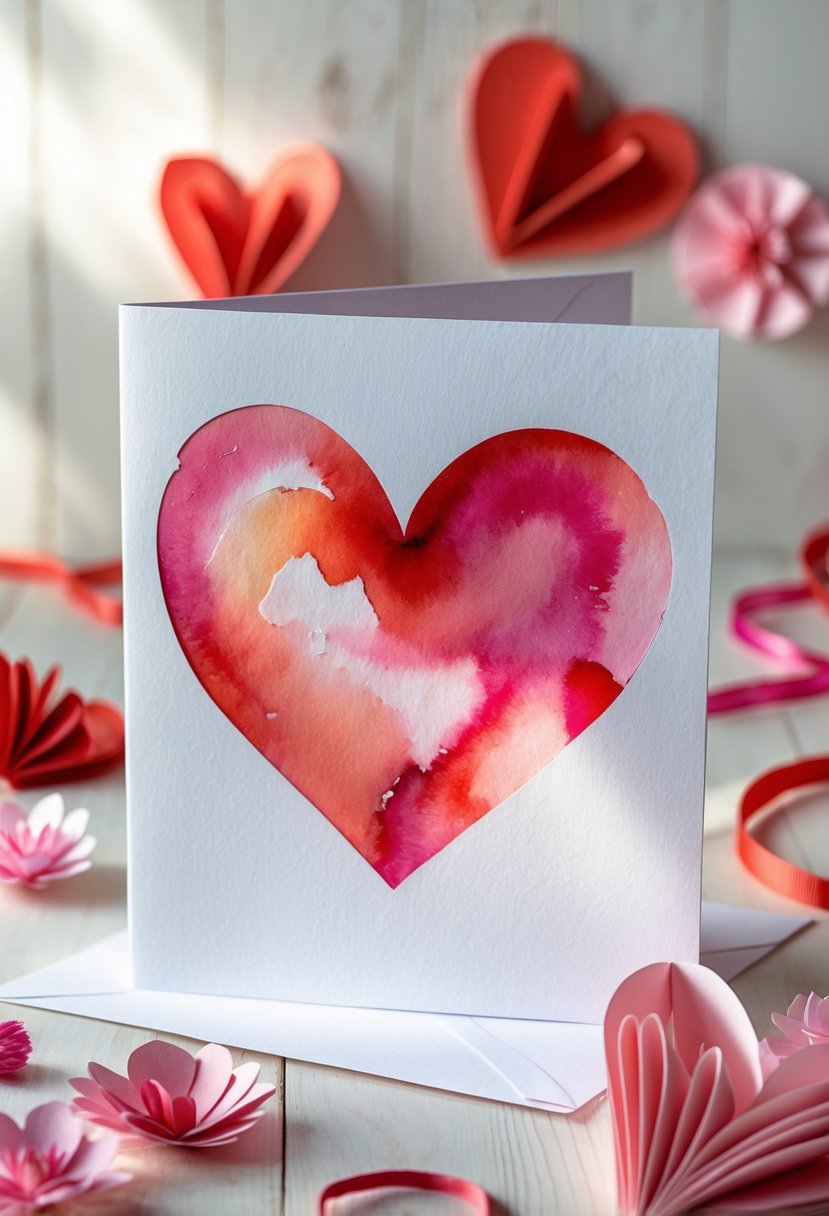 A hand-painted heart card surrounded by handmade Valentine’s Day paper crafts on a wooden surface.