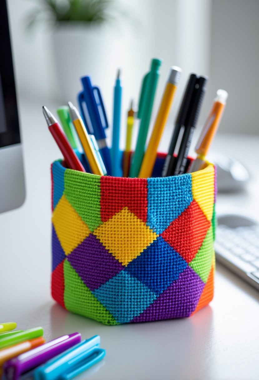 A colorful multi-colored pen holder filled with pens and pencils on a white desk.