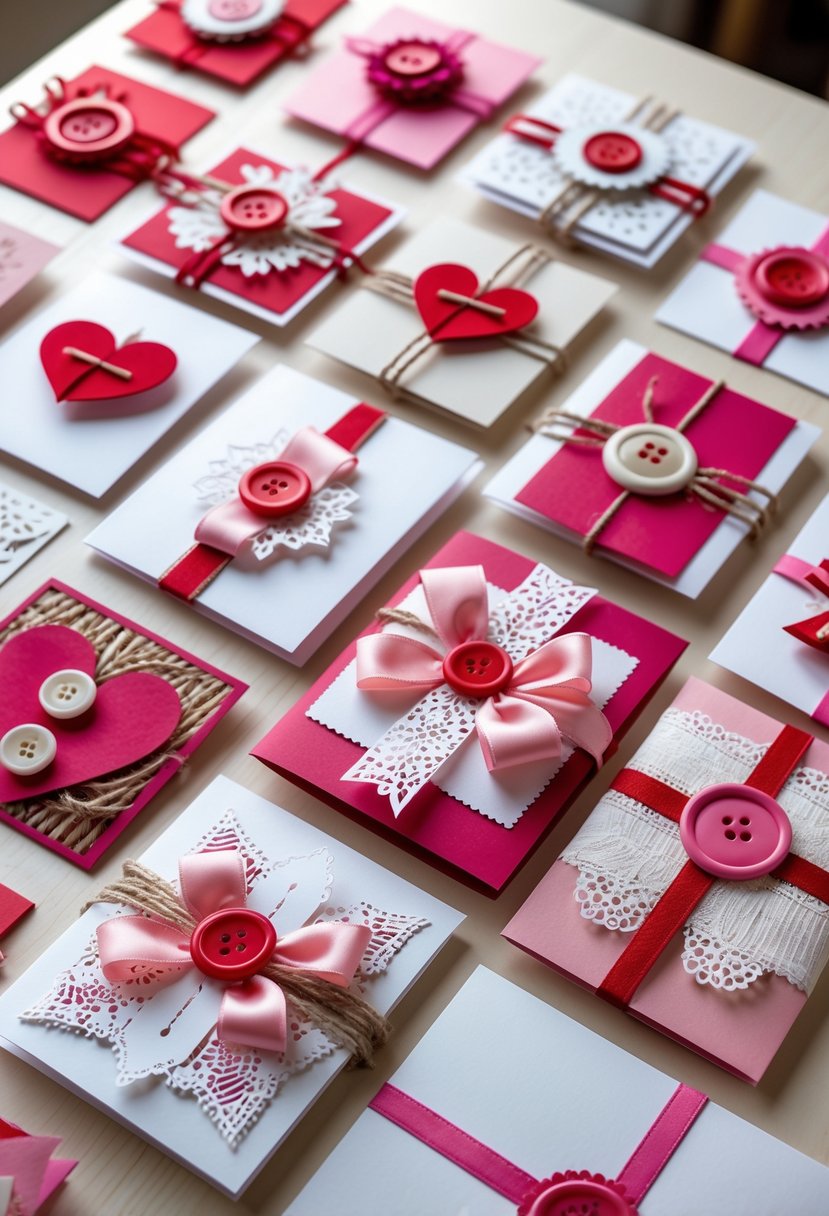 A collection of 15 handmade Valentine cards decorated with buttons and ribbons arranged on a wooden surface.