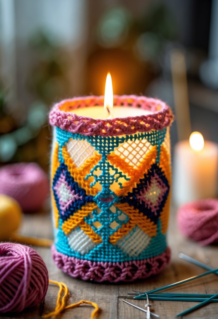 A candle holder made from colorful plastic canvas holding a lit candle, placed on a wooden surface with craft materials around it.