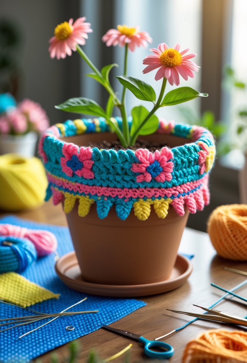 A flower pot with a colorful plastic canvas cozy cover on a wooden table surrounded by crafting materials.