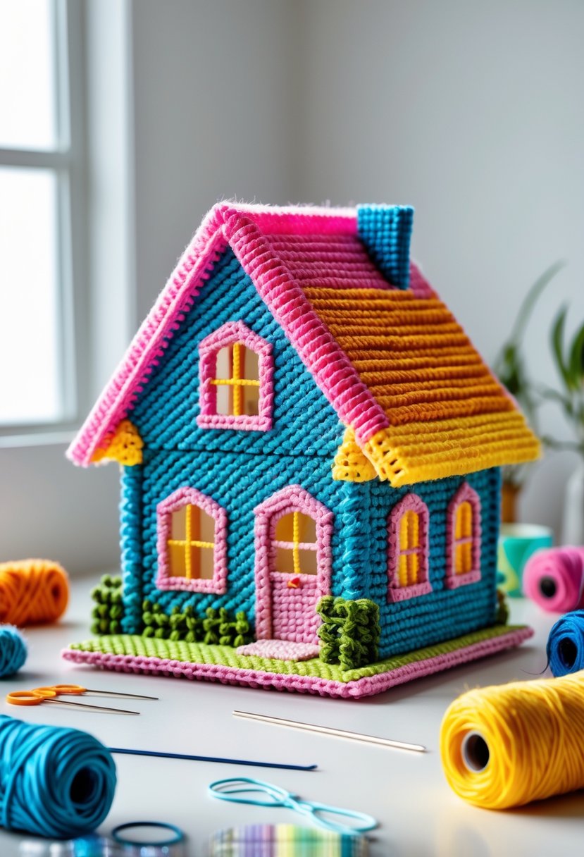 A detailed miniature house model made of colorful plastic canvas yarn, displayed with crafting tools on a neutral background.