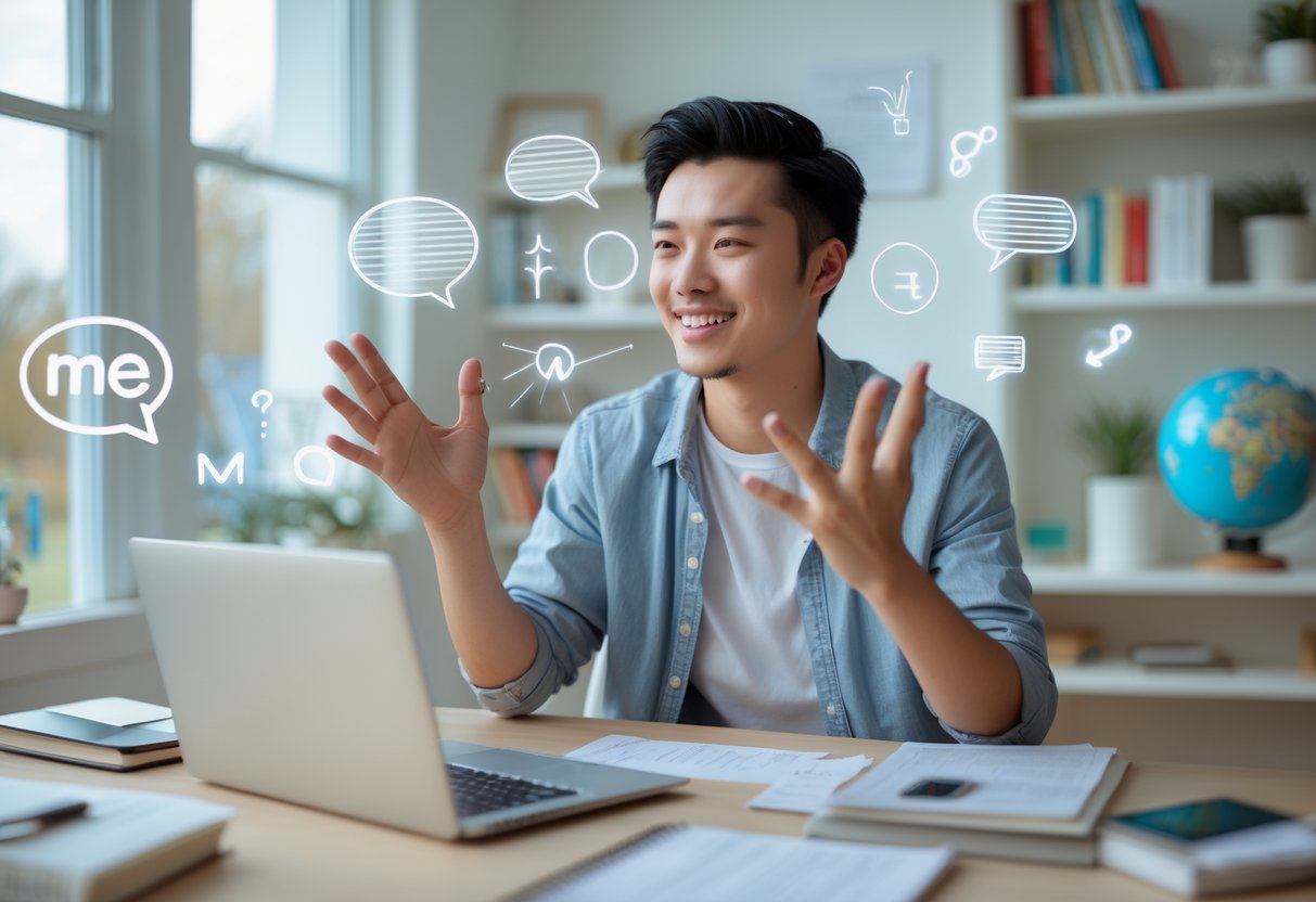 A young adult sitting at a desk in a home office, engaged in a video call, gesturing expressively with hands and surrounded by icons representing communication.