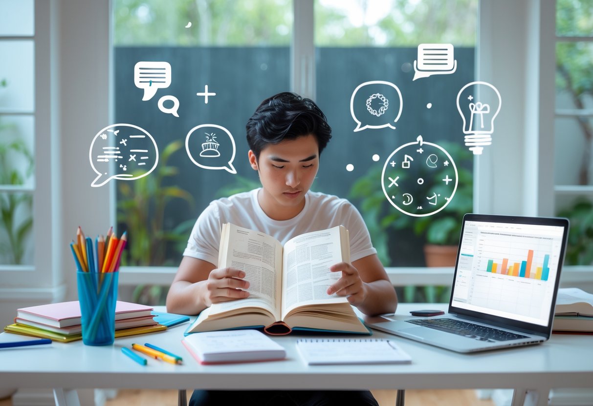 A young adult reading a book at a desk surrounded by notebooks and a laptop in a bright room with a garden view.