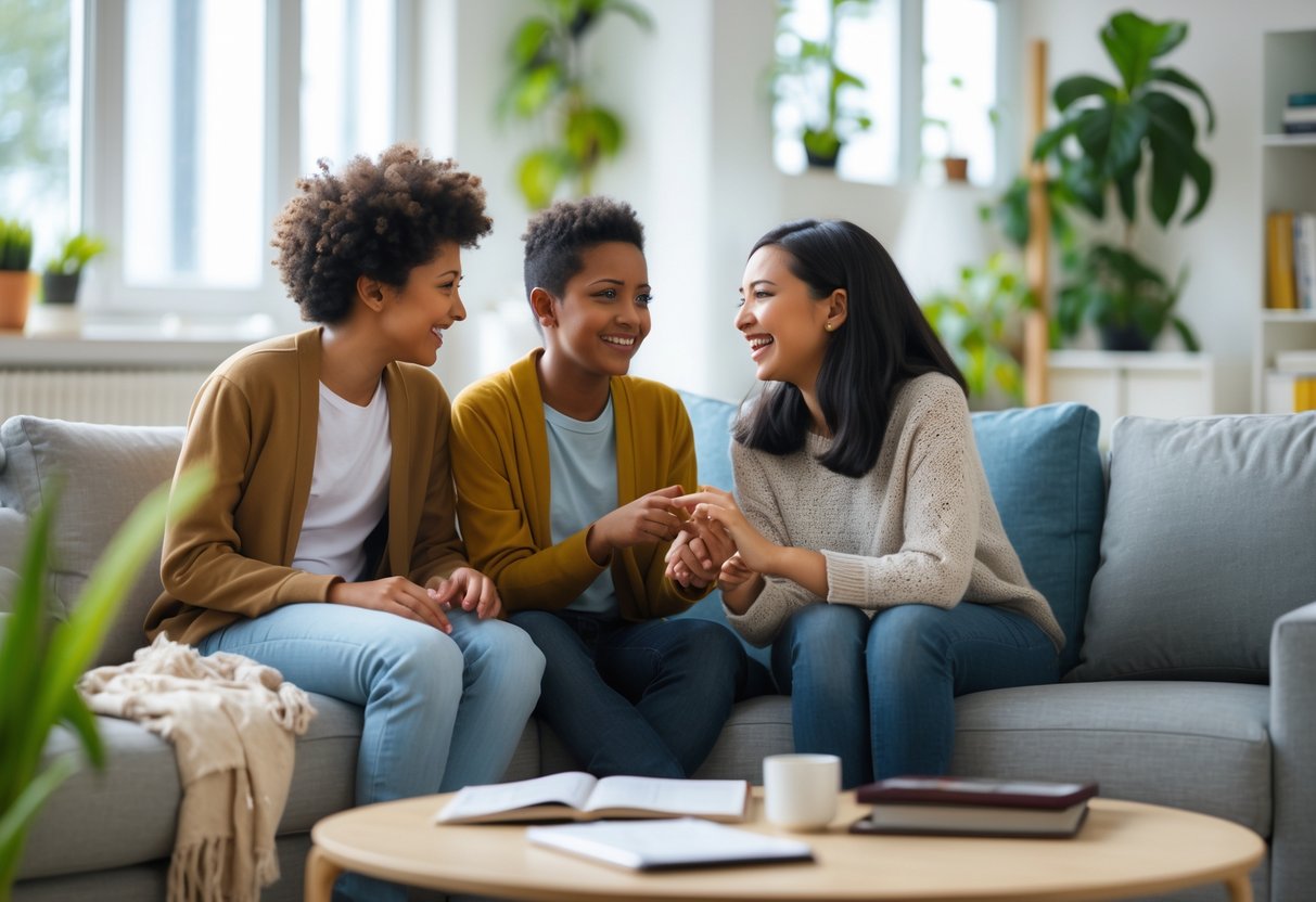 Siblings smiling and interacting warmly in a bright, modern living room with plants and books around them.