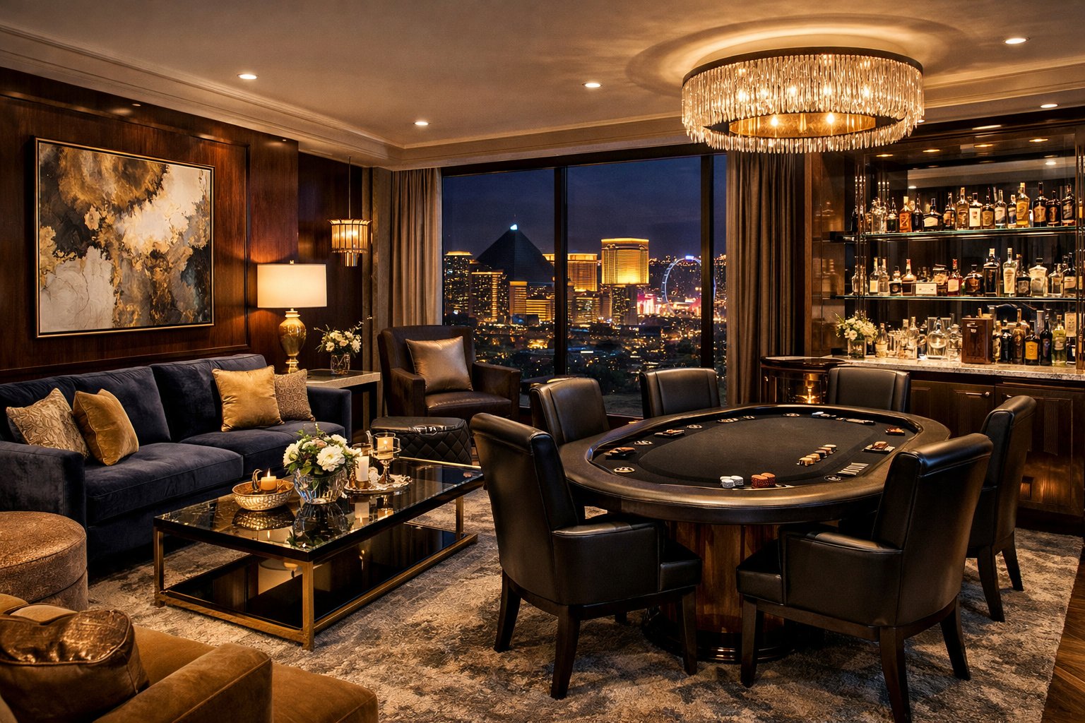 A luxurious casino hotel suite with a spacious living area, poker table, large windows showing a city view, and elegant furnishings.