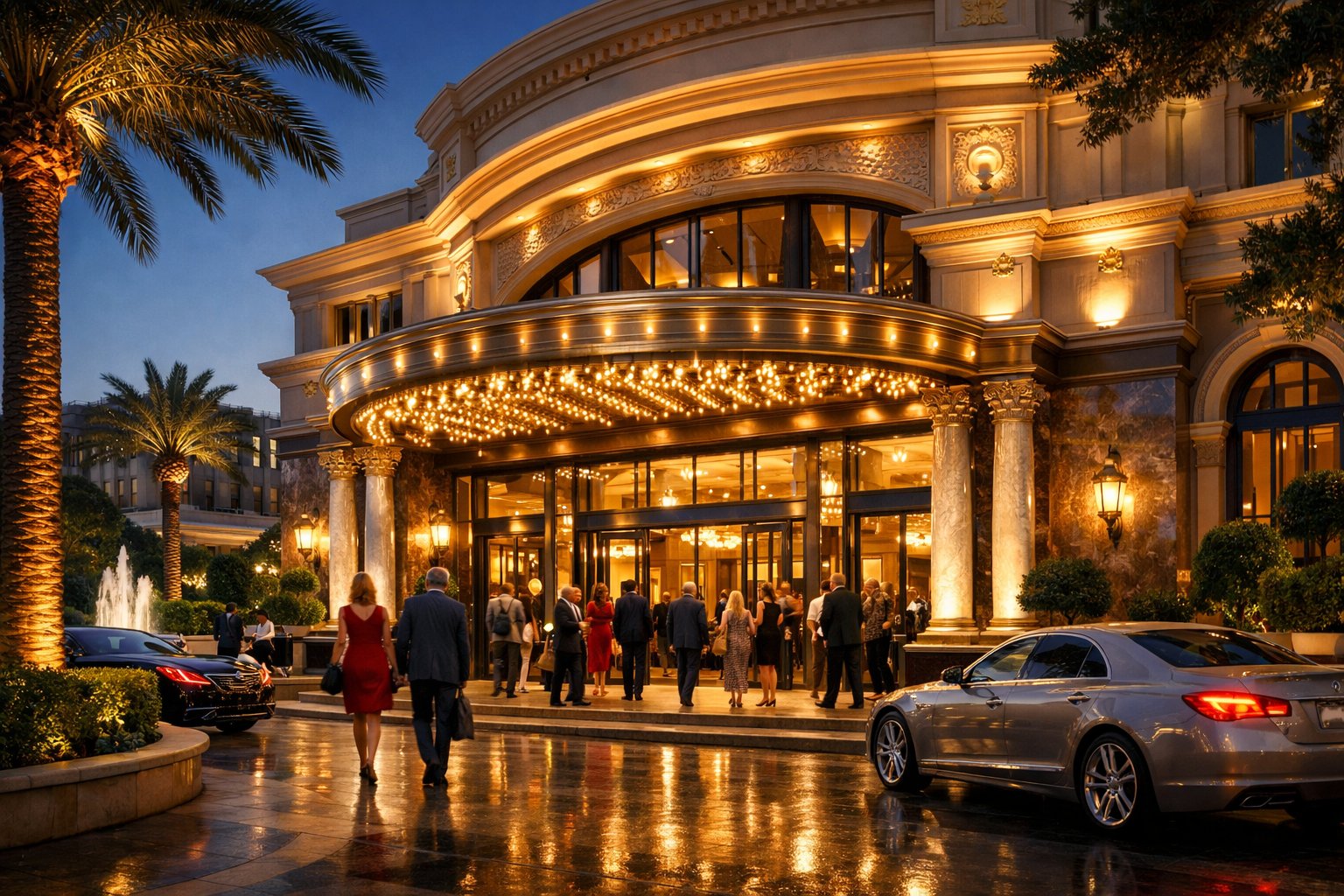 The exterior entrance of a luxury casino at dusk with elegant architecture, warm lighting, palm trees, and people nearby.