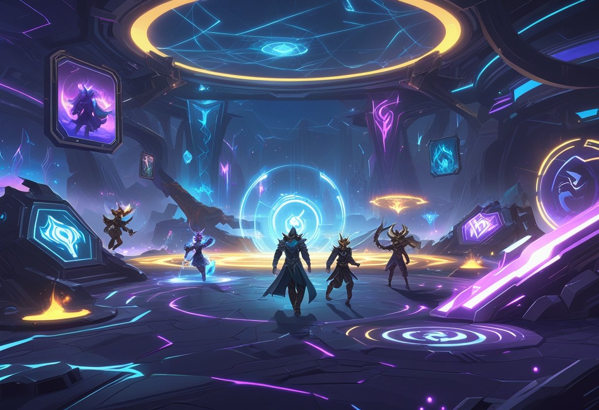 A futuristic League of Legends battlefield with champions using new abilities and advanced technology elements in a vibrant, evolving environment.