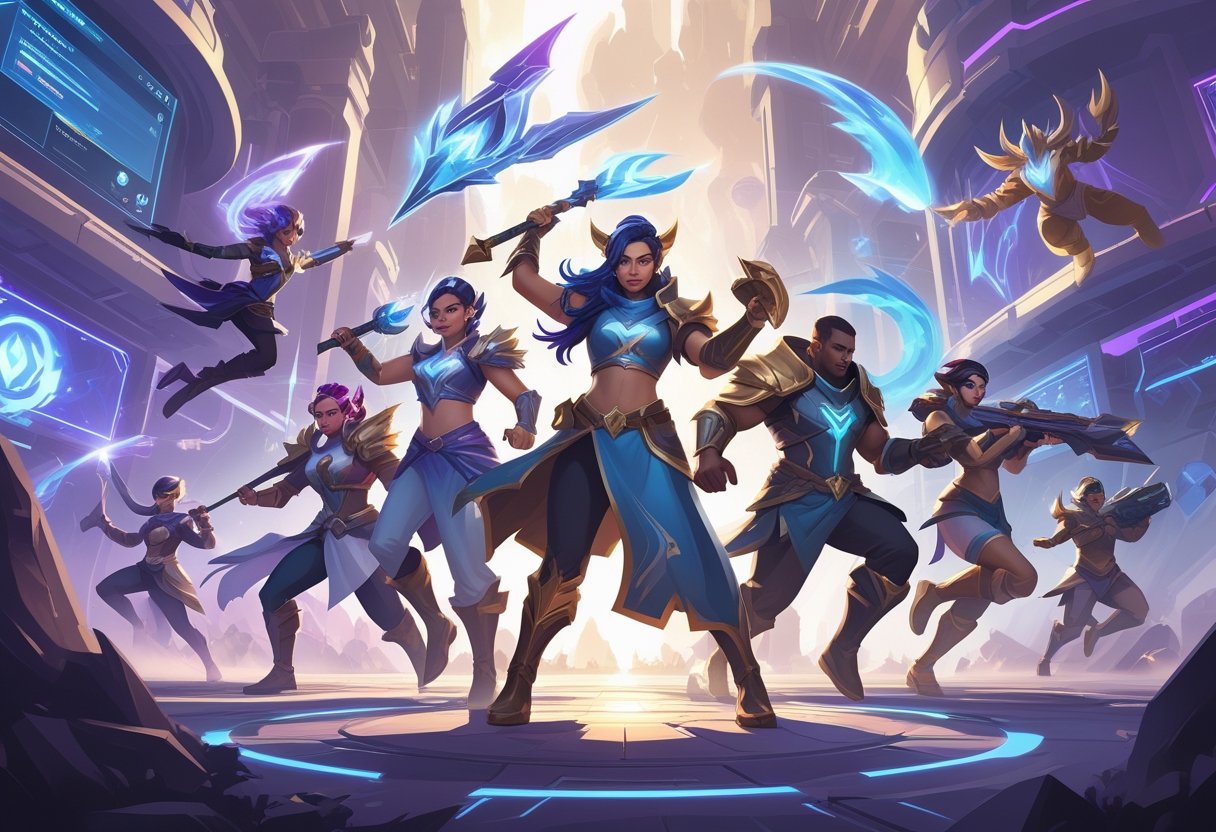 A scene showing League of Legends champions using new abilities on a futuristic battlefield with glowing effects.