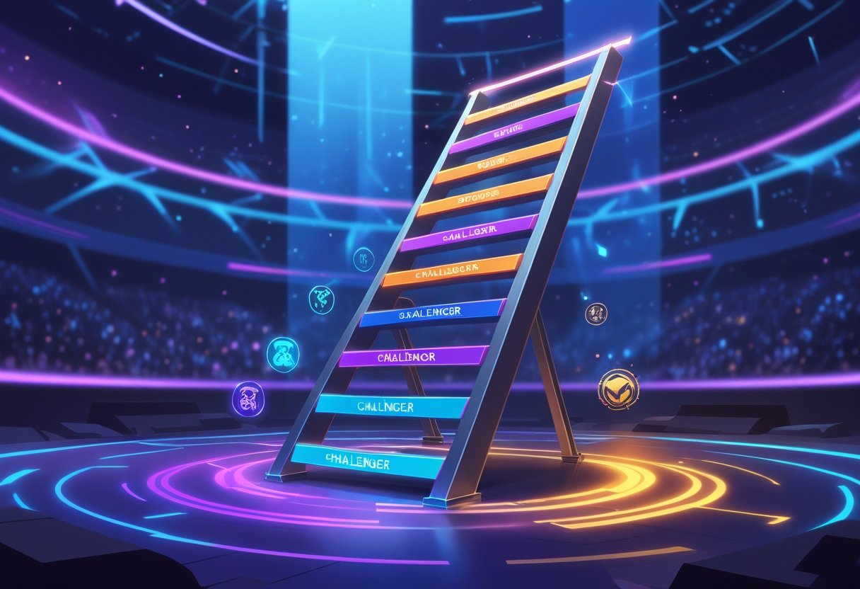 A glowing ladder with different colored rungs ascending into a digital sky, surrounded by esports-themed holographic icons and a stadium crowd in the background.