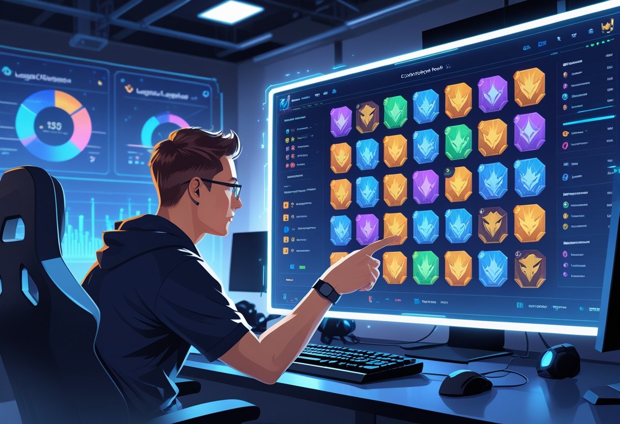An esports coach analyzing a digital screen with icons of game champions, surrounded by data charts in a gaming training room.