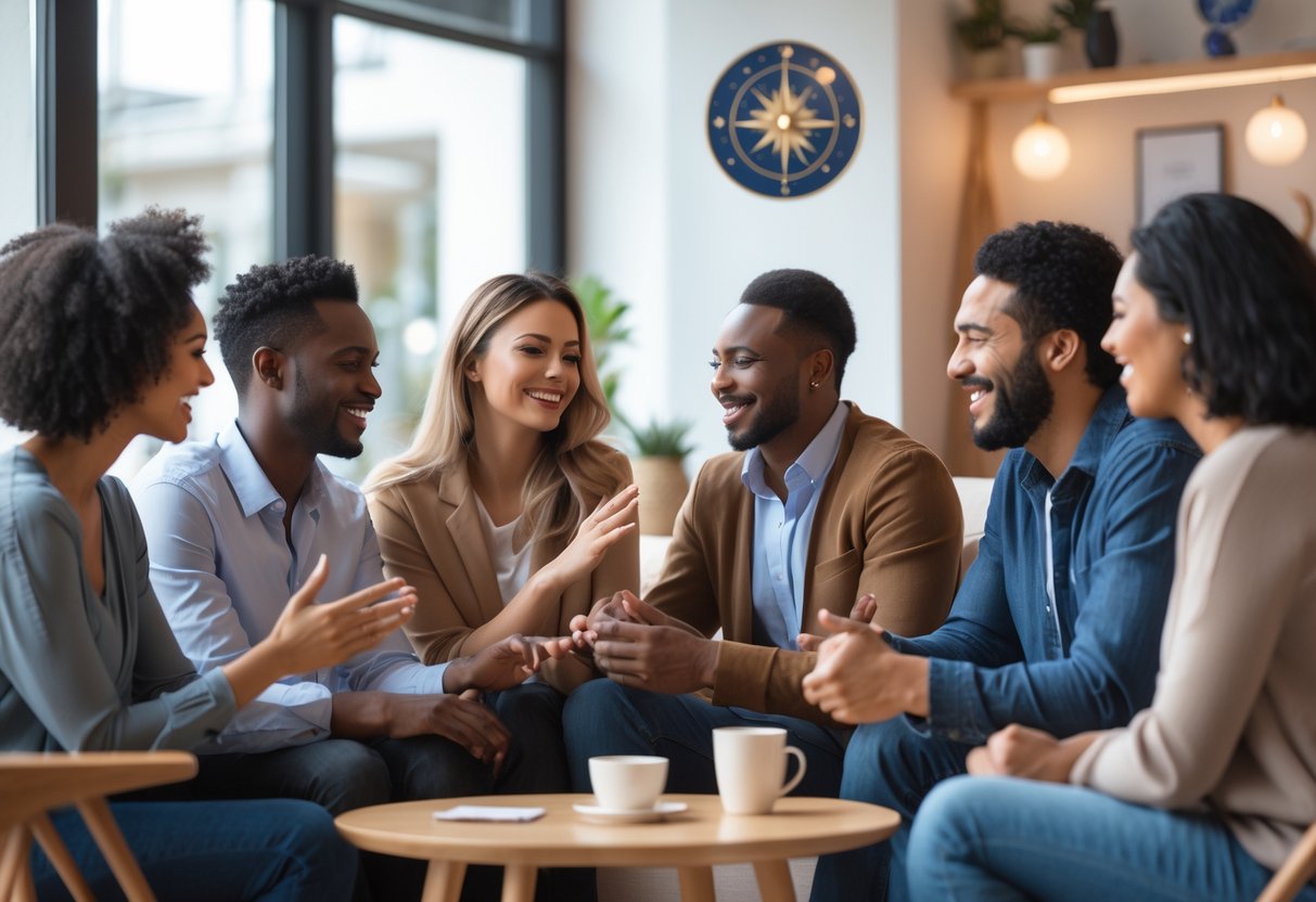 A group of people happily talking and connecting in a bright, comfortable indoor space with subtle astrology-themed decor.