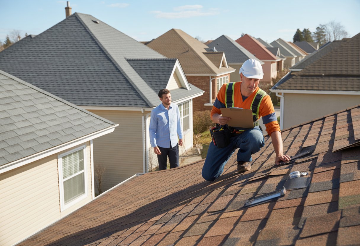 A roofer inspecting a damaged roof while talking to a homeowner in a residential neighborhood.