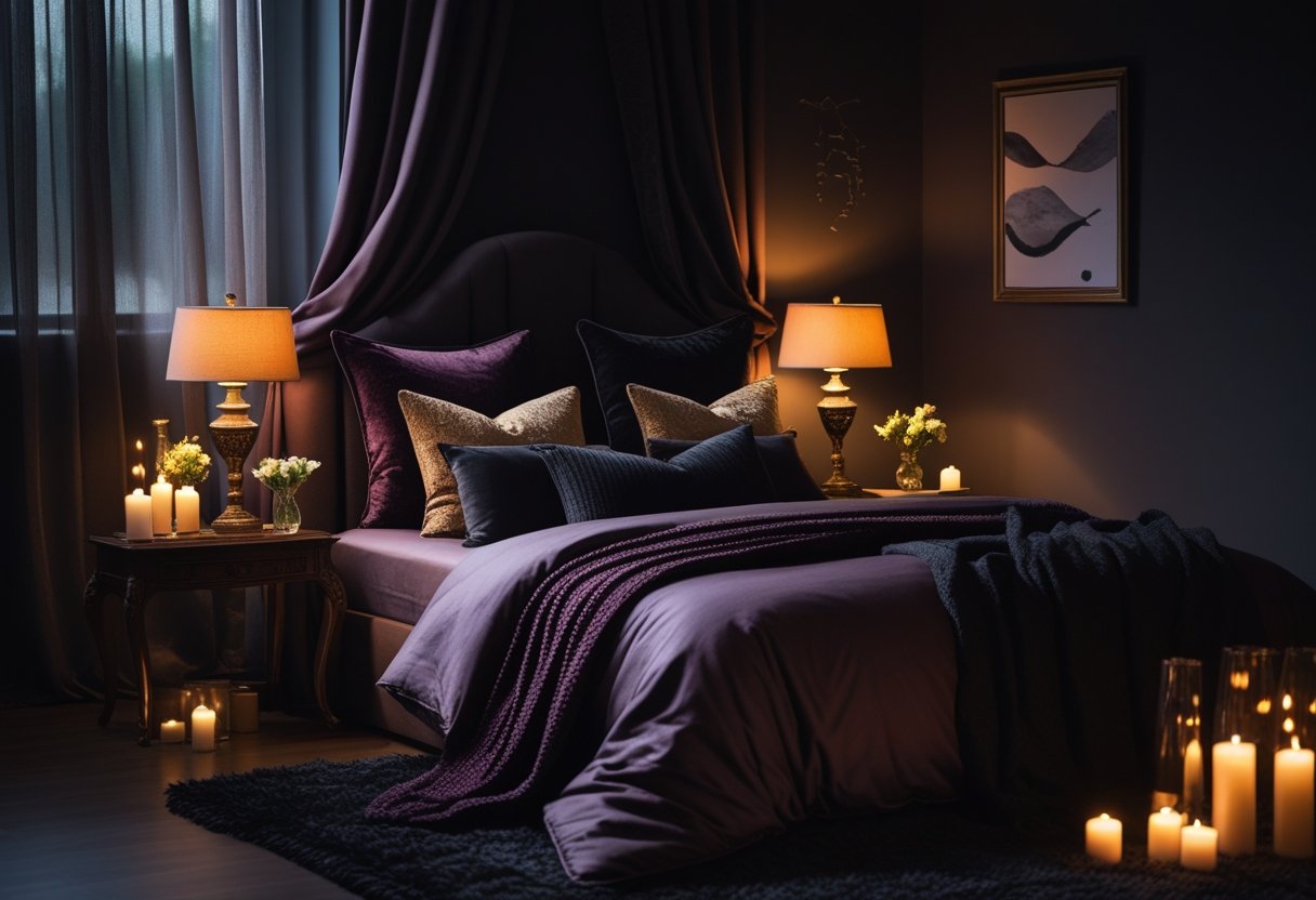 A dimly lit bedroom with a large bed, dark linens, pillows, bedside lamps, and candles creating a warm and intimate atmosphere.