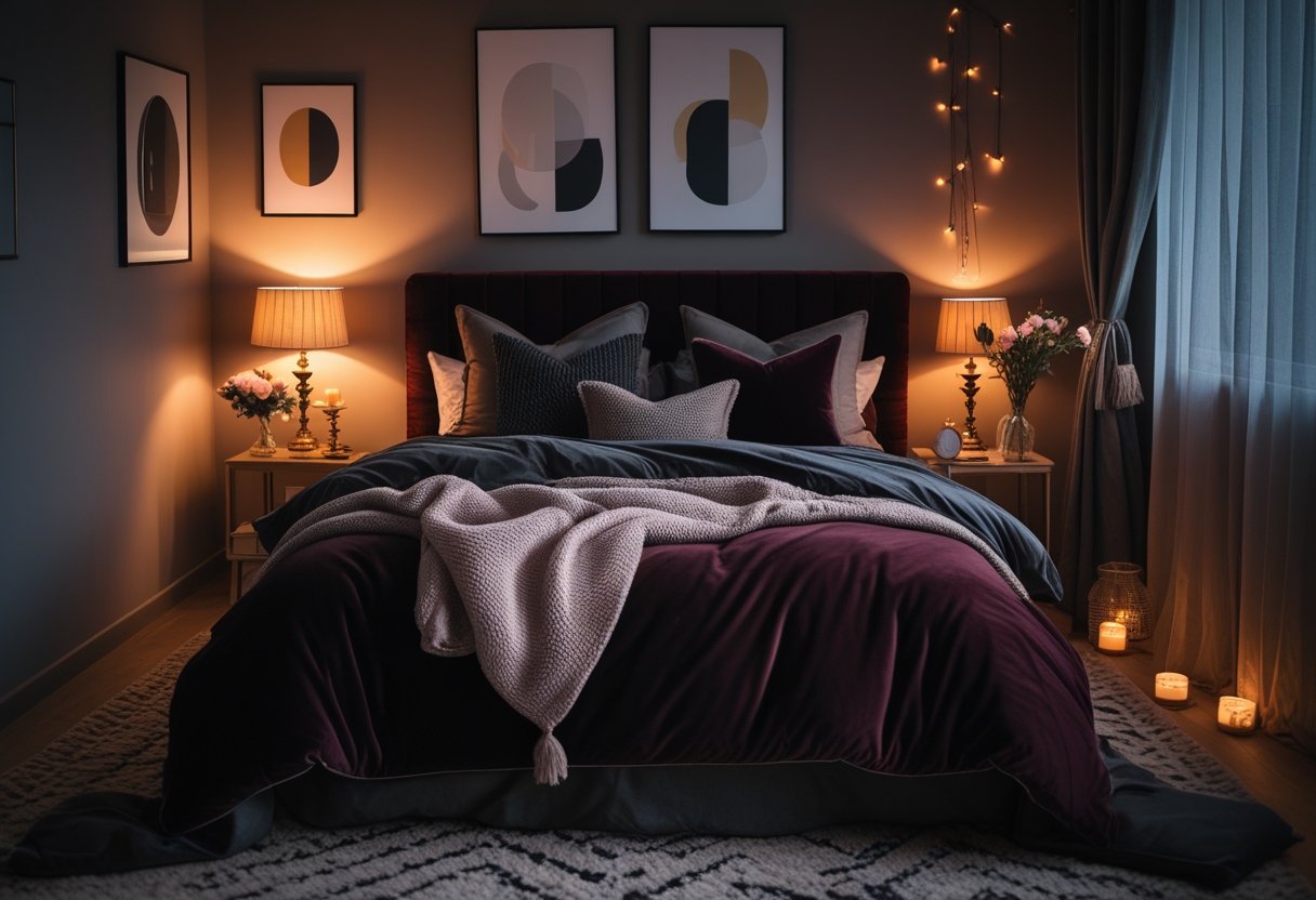 A cozy bedroom with a large bed, soft pillows, warm lighting, a nightstand with flowers and a candle, and a window with sheer curtains.