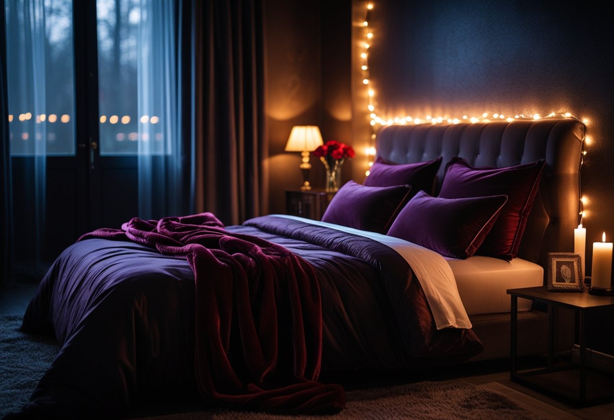 A dimly lit bedroom with a neatly made bed featuring dark red bedding, soft pillows, candles, and a vase of red roses creating a cozy and romantic atmosphere.