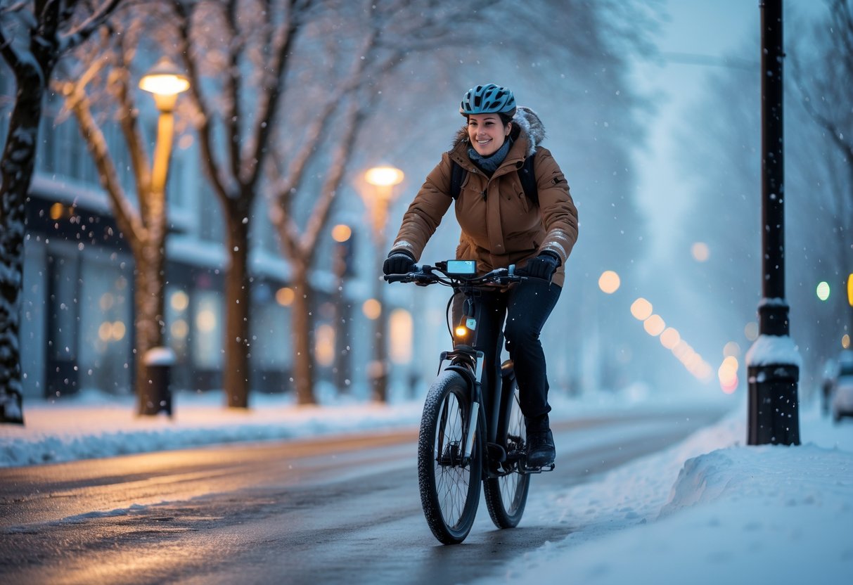A person riding an electric bike on a snowy street in winter, wearing warm clothing with snow falling around.