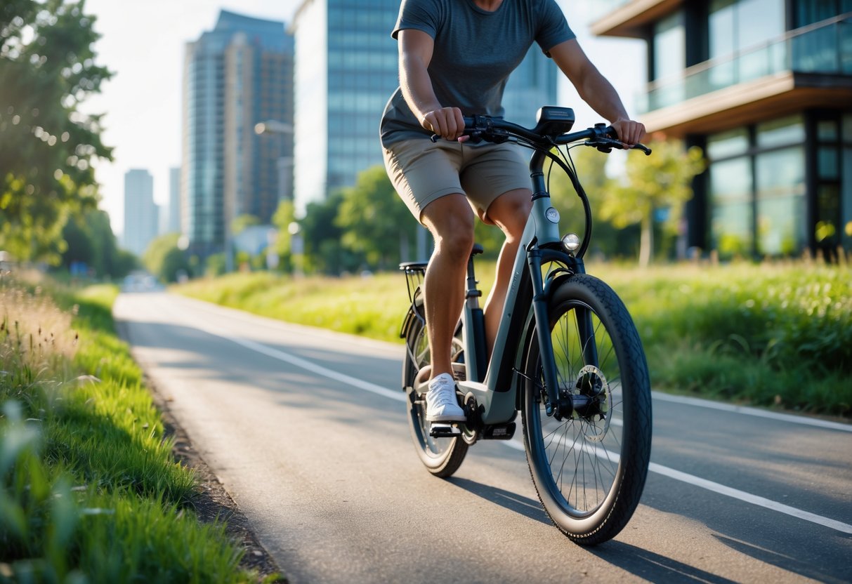 Person riding an electric bike on a city bike path with greenery and buildings in the background.