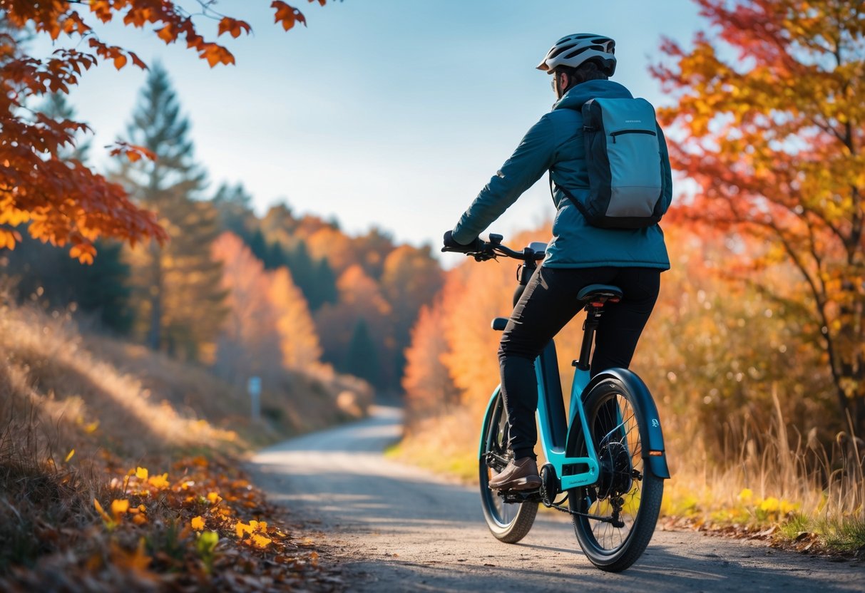 Person riding an electric bike on a trail surrounded by colorful autumn trees.