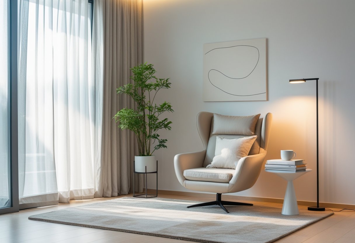 A cozy corner with a modern armchair, side table with books and coffee, a tall plant, floor lamp, and large windows letting in natural light.