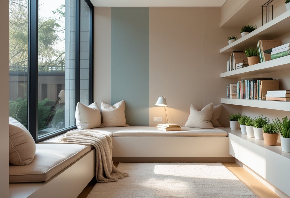 A cozy reading nook with a built-in bench, cushions, bookshelves, and natural light from large windows.
