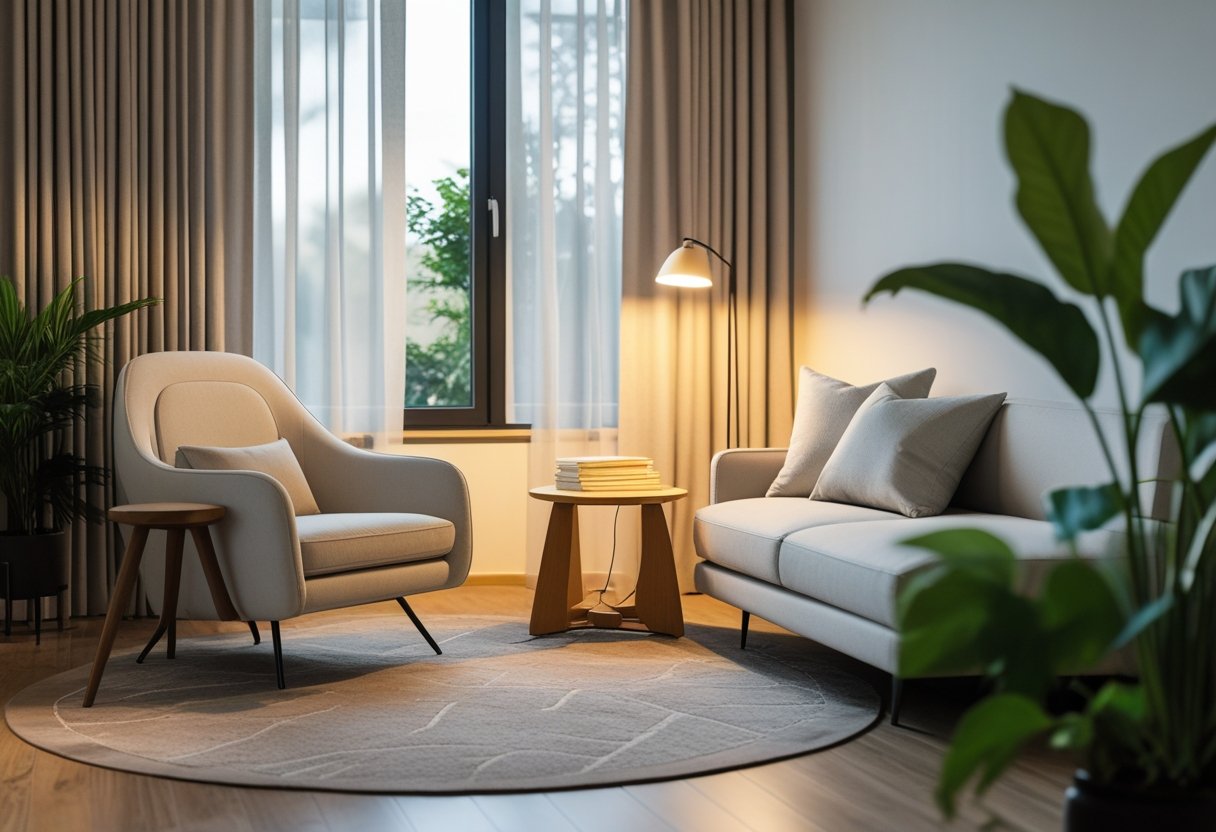 A cozy reading nook with an armchair, side table with books, a reading lamp, large windows, and indoor plants.