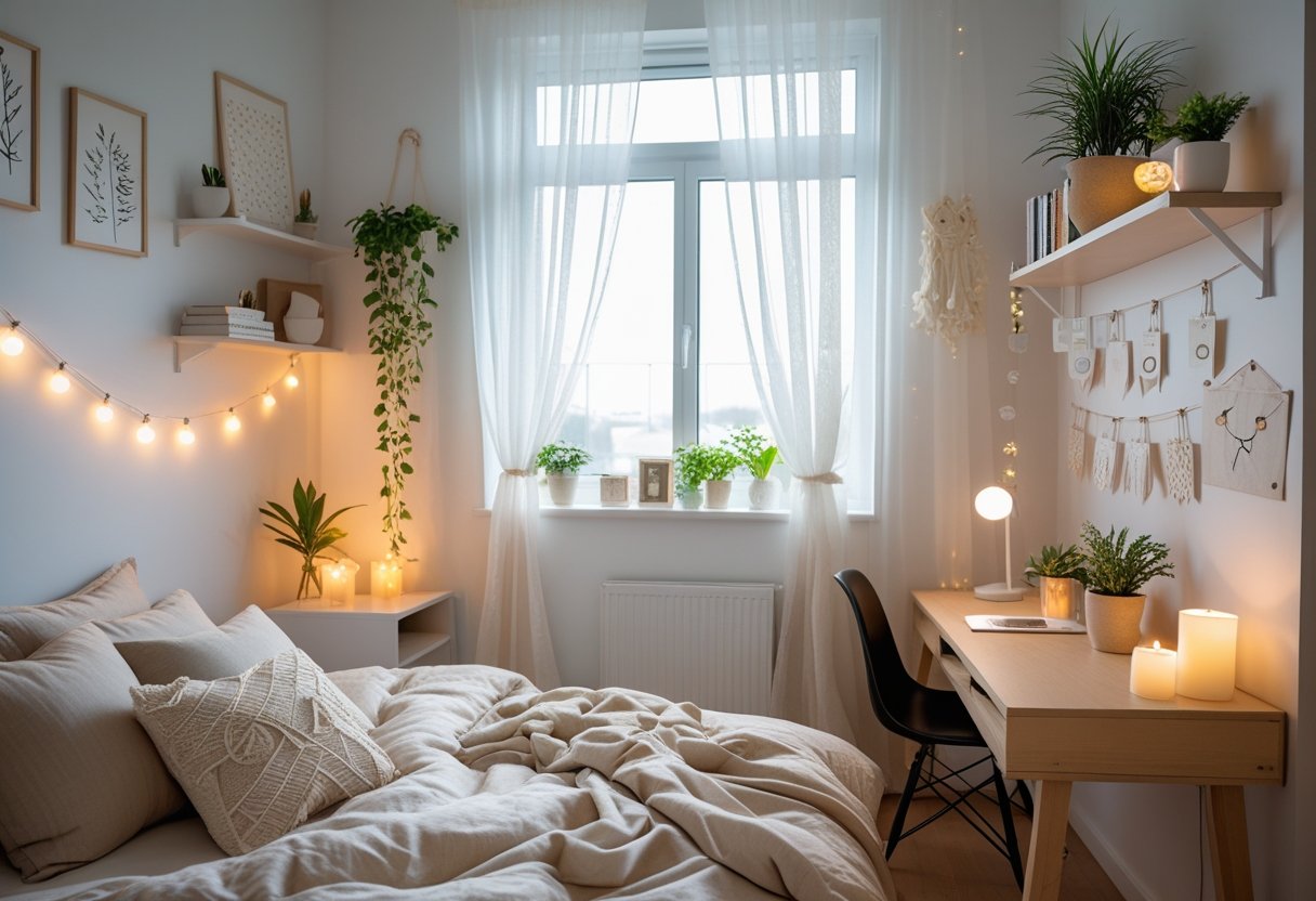 A tidy bedroom with a made bed, wooden desk with plants and art on the wall, and soft natural light coming through sheer curtains.