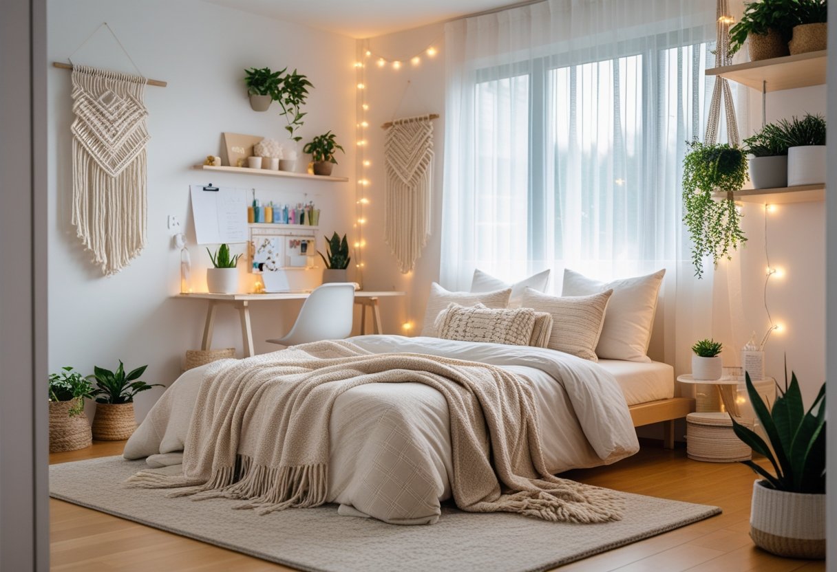 A bright bedroom with a neatly made bed, handmade wall decor, string lights, plants on shelves, and a workspace with art supplies near a window.