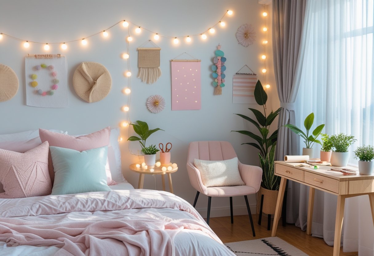A bright bedroom with a neatly made bed, handmade wall art, string lights, a desk with plants and crafting supplies, and a cozy reading nook by a window.